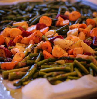 A tray of baked vegetables